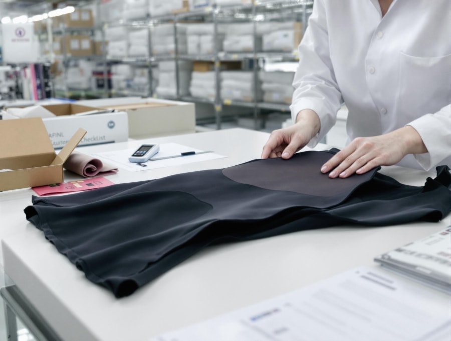 Inspección de piezas cortadas de prendas moldeadoras negras antes del procesamiento